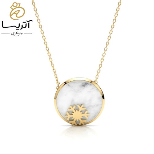 گردنبند طلا زنانه مروارید و طرح دونه برف شیک گردنبند طلا زنانه با آویز مروارید و دونه برف مناسب هدیه خاص و شیک برای استایل روزمره و رسمی